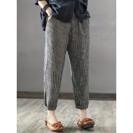 Striped Print Cropped Harem Pants, Vintage Slant Pocket Loose Pants, Women's Clothing