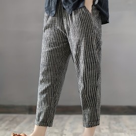 Striped Print Cropped Harem Pants, Vintage Slant Pocket Loose Pants, Women's Clothing