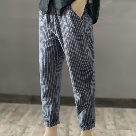 Striped Print Cropped Harem Pants, Vintage Slant Pocket Loose Pants, Women's Clothing