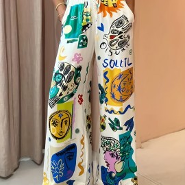 Graphic Print Elastic Waist Straight Leg Pants, Causal Dual Pockets Pants, Women's Clothing