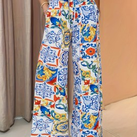 Graphic Print Elastic Waist Straight Leg Pants, Causal Dual Pockets Pants, Women's Clothing