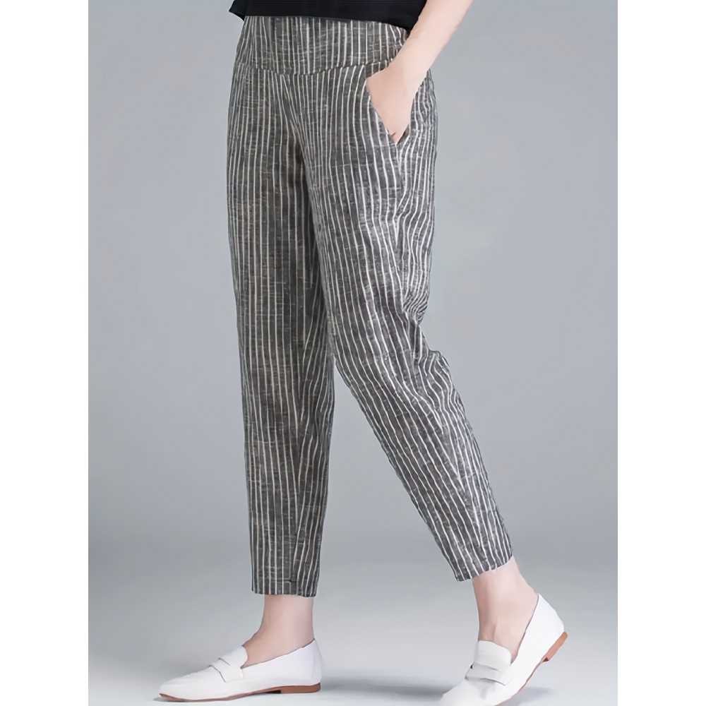 Striped Print High Waist Harem Pants, Casual Slant Pockets Capri Pants, Women's Clothing