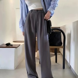 Straight Leg Trouser, High Waist Casual Pants For Spring & Fall, Women's Clothing