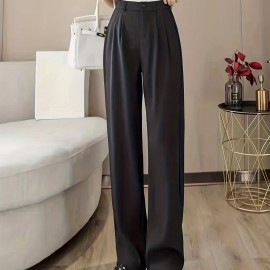 Straight Leg Trouser, High Waist Casual Pants For Spring & Fall, Women's Clothing