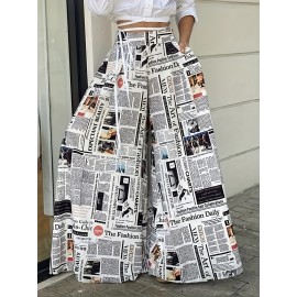 Newspaper Print Palazzo Pants, Casual High Waist Wide Leg Pants, Women's Clothing