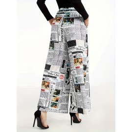 Newspaper Print Palazzo Pants, Casual High Waist Wide Leg Pants, Women's Clothing