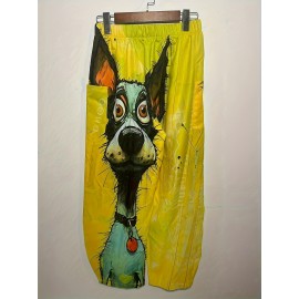 Dog Print Elastic Waist Pants, Casual Wide Leg Patched Pockets Pants, Women's Clothing