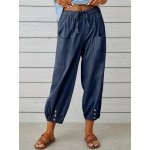 Patched Pockets Button Front Crop Pants, Casual Loose Pants For Spring & Summer, Women's Clothing