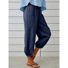 Patched Pockets Button Front Crop Pants, Casual Loose Pants For Spring & Summer, Women's Clothing