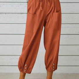 Patched Pockets Button Front Crop Pants, Casual Loose Pants For Spring & Summer, Women's Clothing