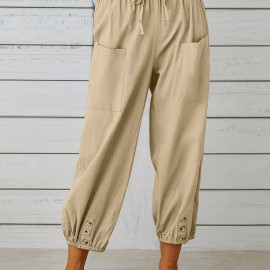 Patched Pockets Button Front Crop Pants, Casual Loose Pants For Spring & Summer, Women's Clothing