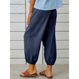 Patched Pockets Button Front Crop Pants, Casual Loose Pants For Spring & Summer, Women's Clothing