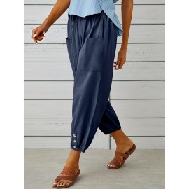 Patched Pockets Button Front Crop Pants, Casual Loose Pants For Spring & Summer, Women's Clothing