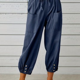 Patched Pockets Button Front Crop Pants, Casual Loose Pants For Spring & Summer, Women's Clothing