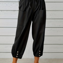 Patched Pockets Button Front Crop Pants, Casual Loose Pants For Spring & Summer, Women's Clothing