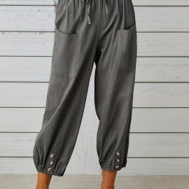 Patched Pockets Button Front Crop Pants, Casual Loose Pants For Spring & Summer, Women's Clothing