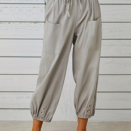 Patched Pockets Button Front Crop Pants, Casual Loose Pants For Spring & Summer, Women's Clothing