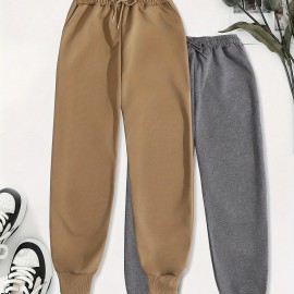 Two Pack Pants, Solid Drawstring High Waisted Sweatpants, Casual Every Day Pants, Women's Clothing