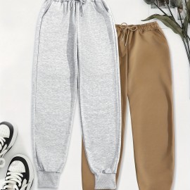 Two Pack Pants, Solid Drawstring High Waisted Sweatpants, Casual Every Day Pants, Women's Clothing