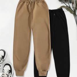 Two Pack Pants, Solid Drawstring High Waisted Sweatpants, Casual Every Day Pants, Women's Clothing