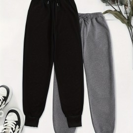 Two Pack Pants, Solid Drawstring High Waisted Sweatpants, Casual Every Day Pants, Women's Clothing