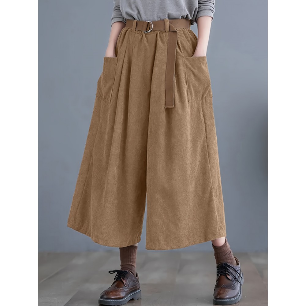 Solid Cropped Wide Leg Pants, Casual Corduroy Pants With Pocket, Women's Clothing