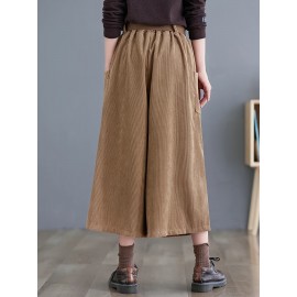 Solid Cropped Wide Leg Pants, Casual Corduroy Pants With Pocket, Women's Clothing