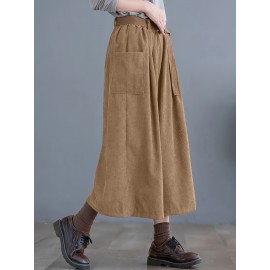 Solid Cropped Wide Leg Pants, Casual Corduroy Pants With Pocket, Women's Clothing