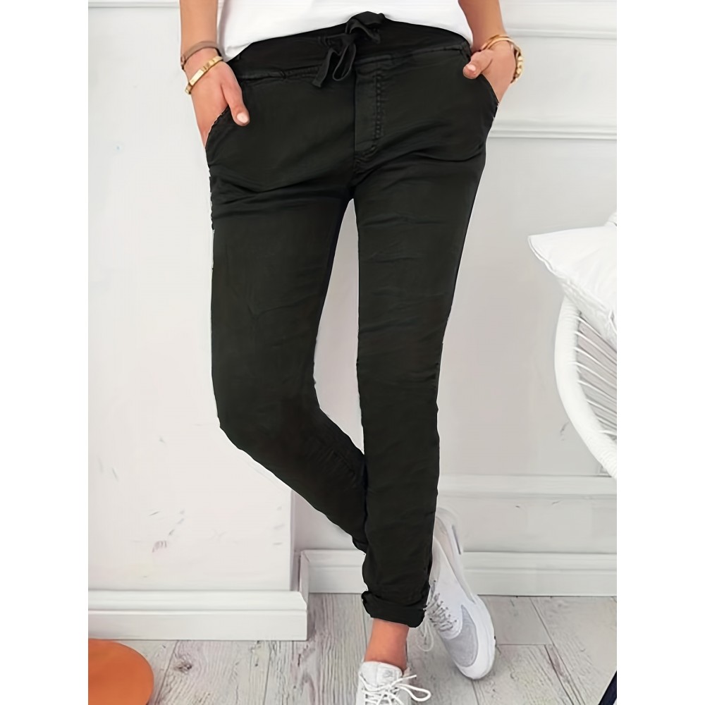 Drawstring Long Length Pants, Casual Solid Pants With Pockets, Women's Clothing