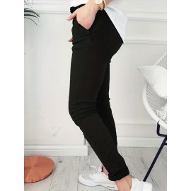 Drawstring Long Length Pants, Casual Solid Pants With Pockets, Women's Clothing