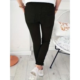 Drawstring Long Length Pants, Casual Solid Pants With Pockets, Women's Clothing