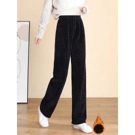 Solid Fleece Straight Leg Pants, Casual High Waist Thermal Pants For Fall & Winter, Women's Clothing