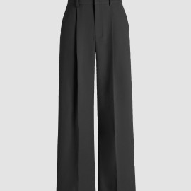 Solid Pleated Straight Leg Pants, Elegant Slant Pocket Draped Suit Pants, Women's Clothing