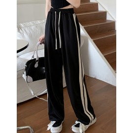 Striped Side Straight Leg Pants, Casual Drawstring Loose Sporty Pants, Women's Clothing