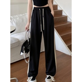 Striped Side Straight Leg Pants, Casual Drawstring Loose Sporty Pants, Women's Clothing