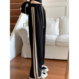 Striped Side Straight Leg Pants, Casual Drawstring Loose Sporty Pants, Women's Clothing