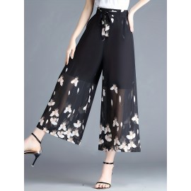 Floral Print Cropped Pants, Elegant High Waist Wide Leg Pants, Women's Clothing