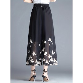 Floral Print Cropped Pants, Elegant High Waist Wide Leg Pants, Women's Clothing