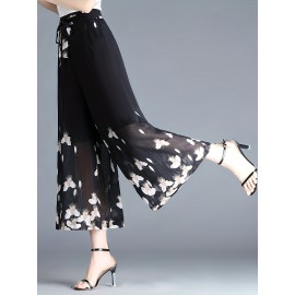 Floral Print Cropped Pants, Elegant High Waist Wide Leg Pants, Women's Clothing