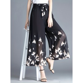 Floral Print Cropped Pants, Elegant High Waist Wide Leg Pants, Women's Clothing