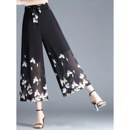 Floral Print Cropped Pants, Elegant High Waist Wide Leg Pants, Women's Clothing