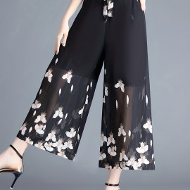 Floral Print Cropped Pants, Elegant High Waist Wide Leg Pants, Women's Clothing