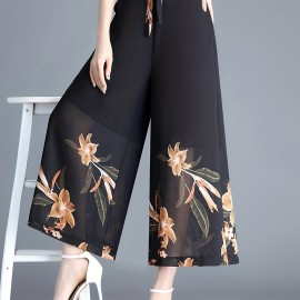 Floral Print Cropped Pants, Elegant High Waist Wide Leg Pants, Women's Clothing