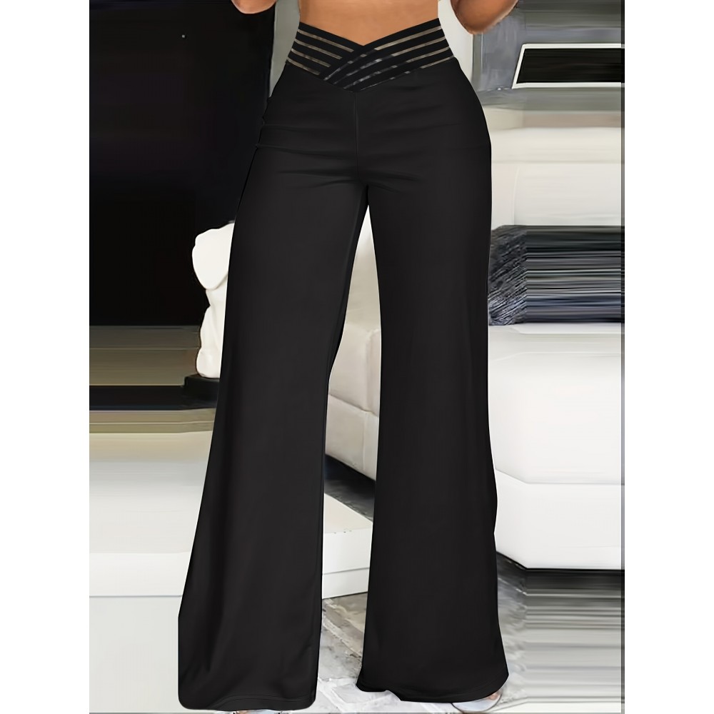 Criss Cross High Waist Pants, Casual Solid Summer Wide Leg Pants, Women's Clothing