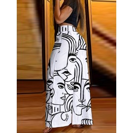 Abstract Face Print Pants, Casual Wide Leg High Waist Pants, Women's Clothing