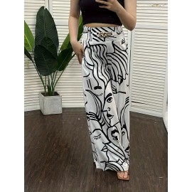 Abstract Face Print Pants, Casual Wide Leg High Waist Pants, Women's Clothing