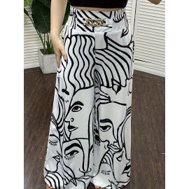 Abstract Face Print Pants, Casual Wide Leg High Waist Pants, Women's Clothing