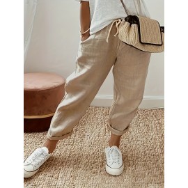 Solid Slant Pockets Tie Front Pants, Casual Loose Pants For All-season, Women's Clothing