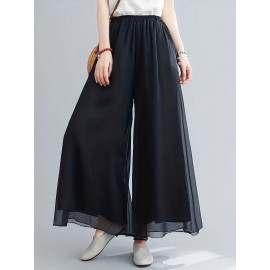 Ruched Wide Leg Pants, Casual Elastic Waist Solid Summer Pants, Women's Clothing