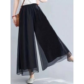 Ruched Wide Leg Pants, Casual Elastic Waist Solid Summer Pants, Women's Clothing